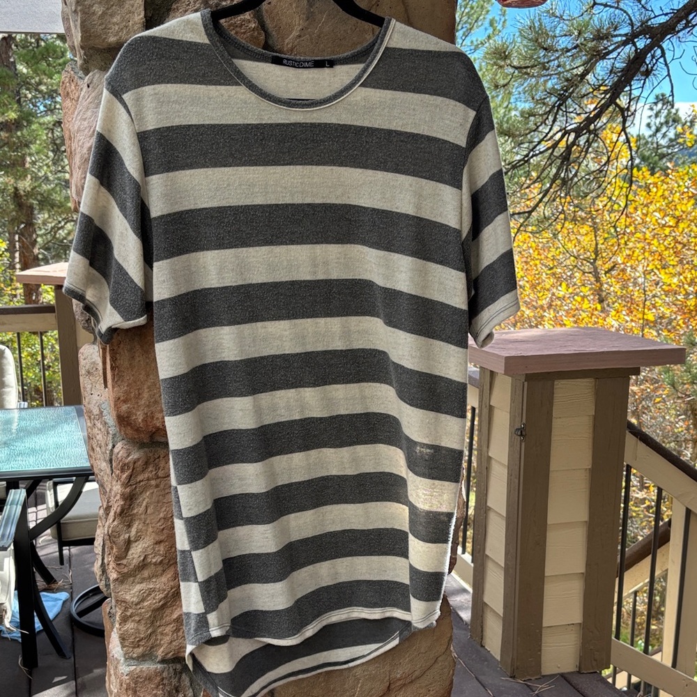 RUSTIC DIME Size MEDIUM Striped Gray and Cream Mini Dress Tunic Tee Shirt